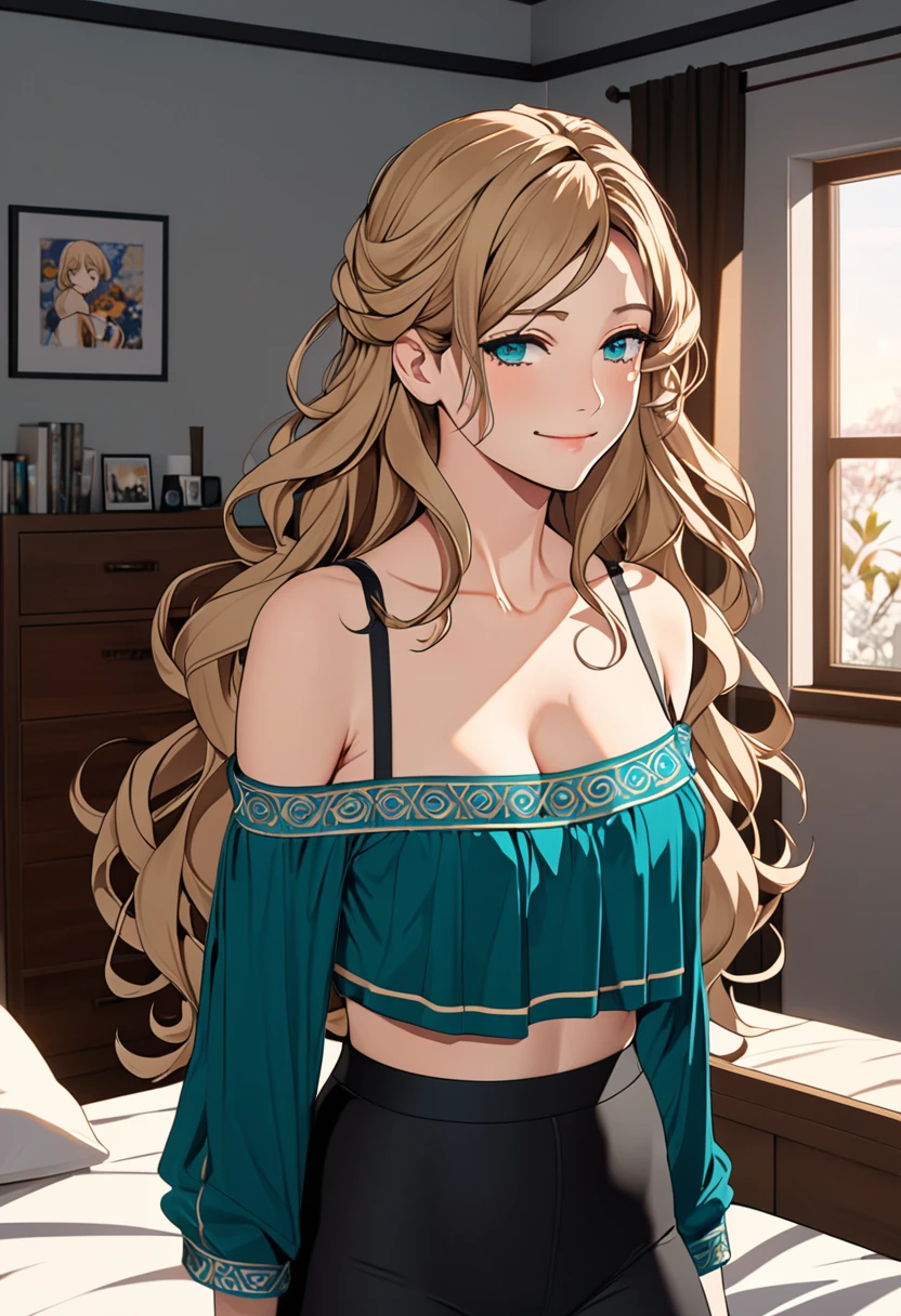 (masterpiece), (high resolution, 8k), (high detailed), woman mature, tall, (wavy long hair (dark blonde)), beautiful face, (close mouth:1.2), tired smile, small breast flat, wearing dark teal colored crystal themed cold shoulder greek themed top, black leggings pants with skirts layers, standing on bedroom, anime style, unaestheticXL_bp5, SimplePositiveXLv2