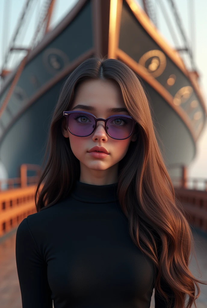 girl with dark purple glasses and long brown hair a black top in a big boat
