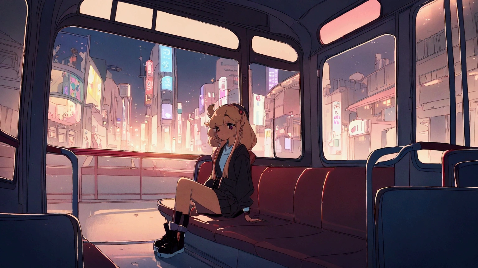 anime girl sitting on a bus looking out the window at the city, an anime drawing by Yuumei, trending on cg society, digital art, lofi hip hop, lofi girl, lofi artstyle, lofi art, lofi feel, chillhop, lofi vibes, lofi aesthetic, lofi, lofi girl aesthetic, anime aesthetic