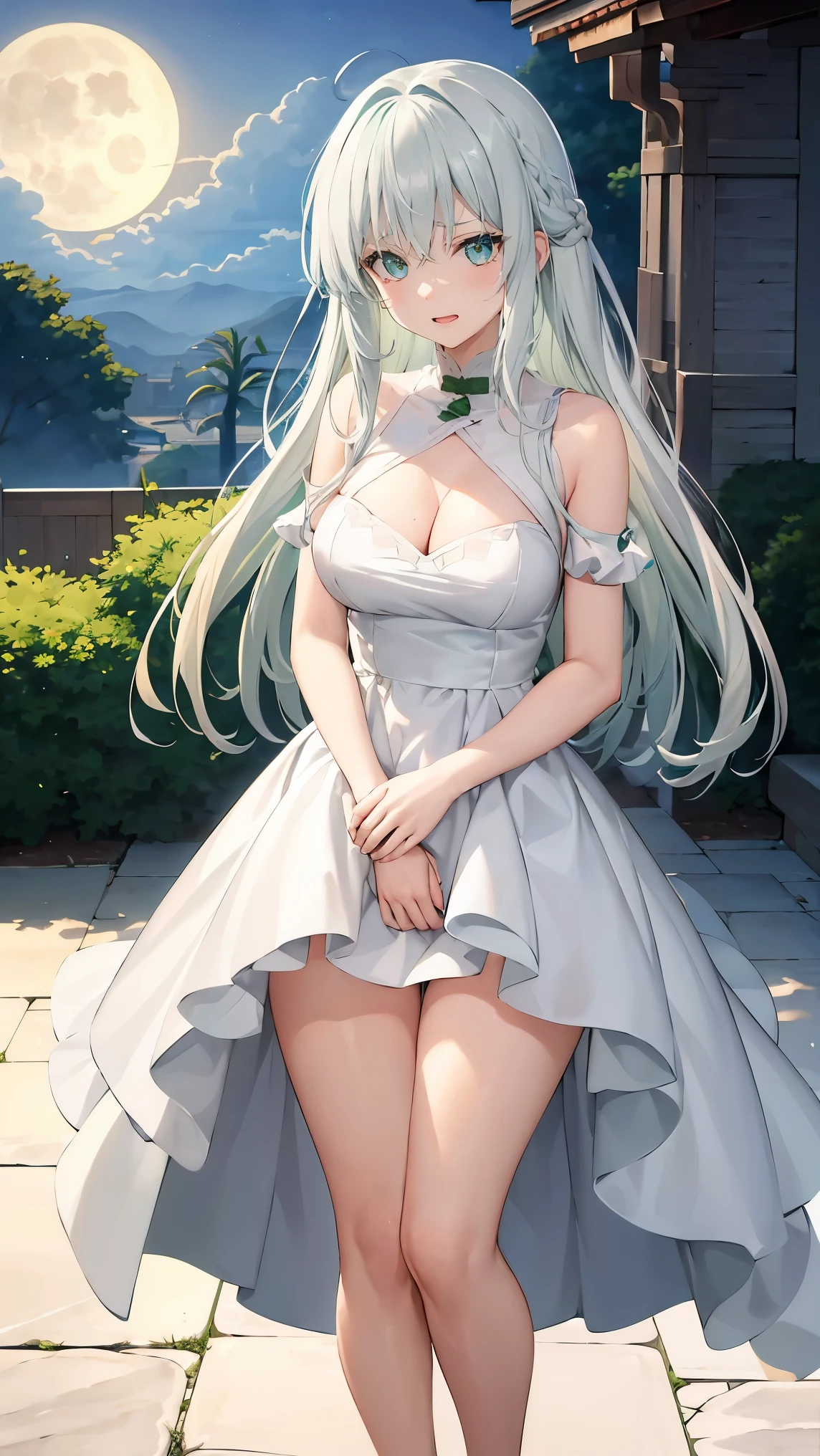 Long green hair,Inner color and white hair、 Beautifully shaped breasts with tension, Green Eyes, Moonlight、moonlight、White Casual Beauty Special、、、,Full body photo from head to toe、Proud expression、Older sister、Bold personality、Innocent、Emotionally rich facial expressions、(Jump and be under air)、