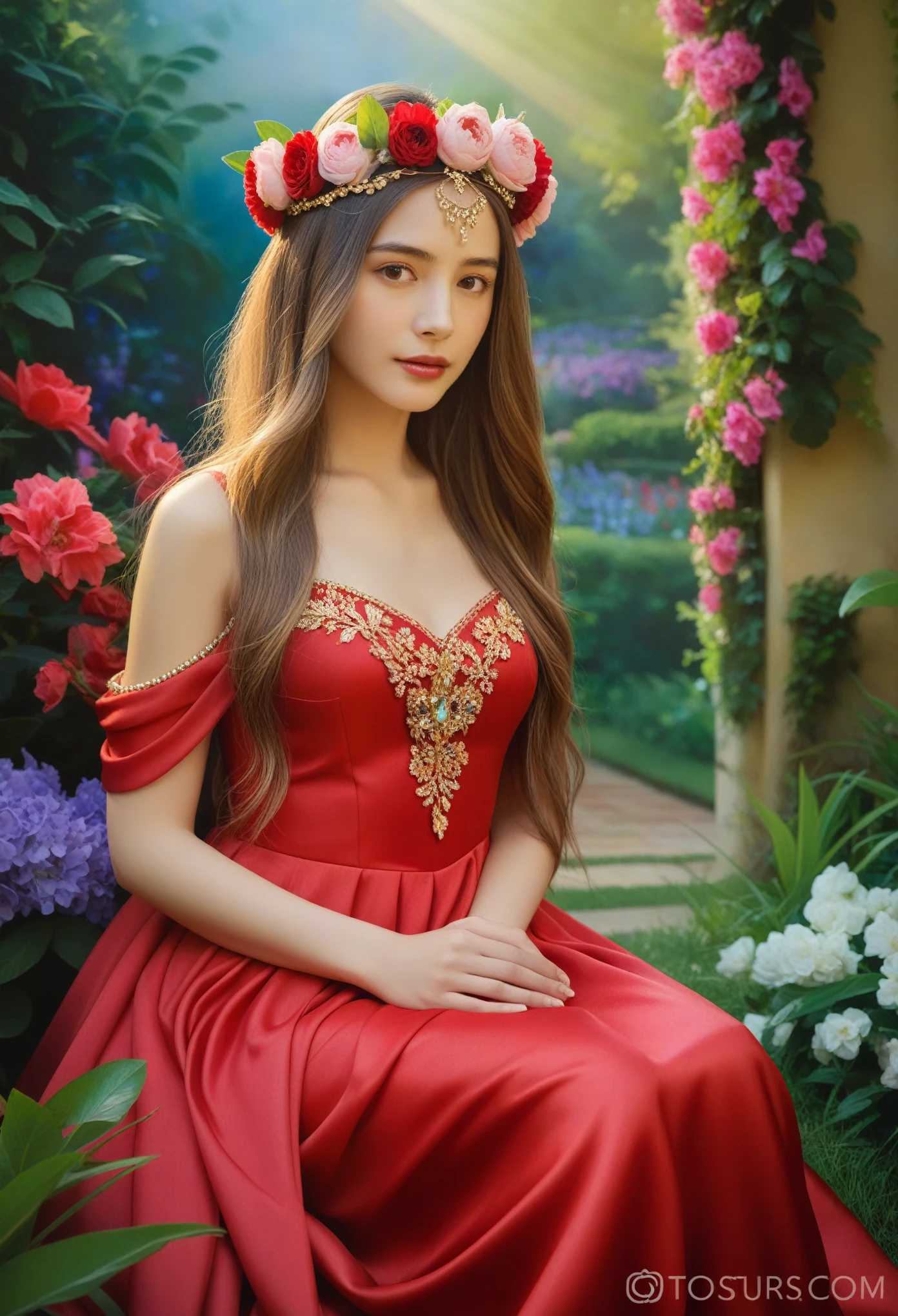 (Best Quality, 4K, 8K, High Definition, Masterpiece:1.2), (Ultra Detailed, Realistic, Photorealistic:1.37), a beautiful young woman with delicate facial features,flower crown,long elegant hair,ornate jeweled headpiece,red silk dress,sitting in a lush garden,surrounded by colorful flowers,intricate background details,cinematic lighting,delicate brushstrokes,oil painting,highly detailed,dramatic,romantic,soft color palette,dreamlike atmosphere