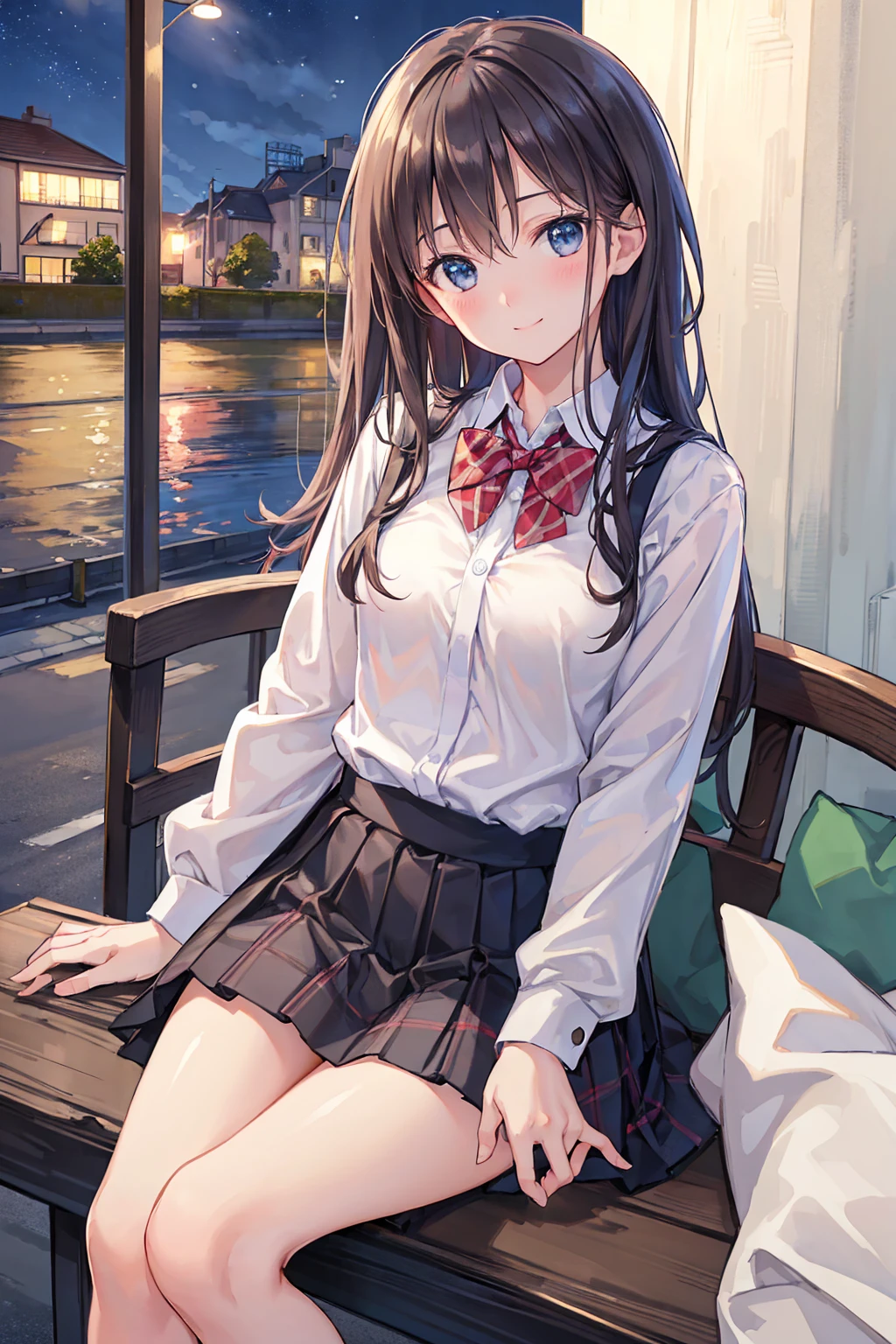 Very detailed, CG, Unity , 8k wallpaper, wonderful, (masterpiece:1.5, Highest quality), (Depth of written boundary), Dynamic posture,masterpiece, Highest quality,narrow angle,night,Sailor suit,Red tie,High-definition thighs,High quality white panties,Lean back,I'm on my knees,Sit on a park bench at night,fat,Sigh,Dark House,Sneakers and loose shirt, {{beautiful middle size breasts 1:4}},Pleated skirt,Photoreal 1;4,brown hair,full body ,portrait1;4, high quality panties,{{schoolgirl}},top quality,cute girl,high quality background, slanted eyes, detailed shirt chest wrinkles,BREAK, {{beautiful blue eye1:4}}, Accurate 5 fingers