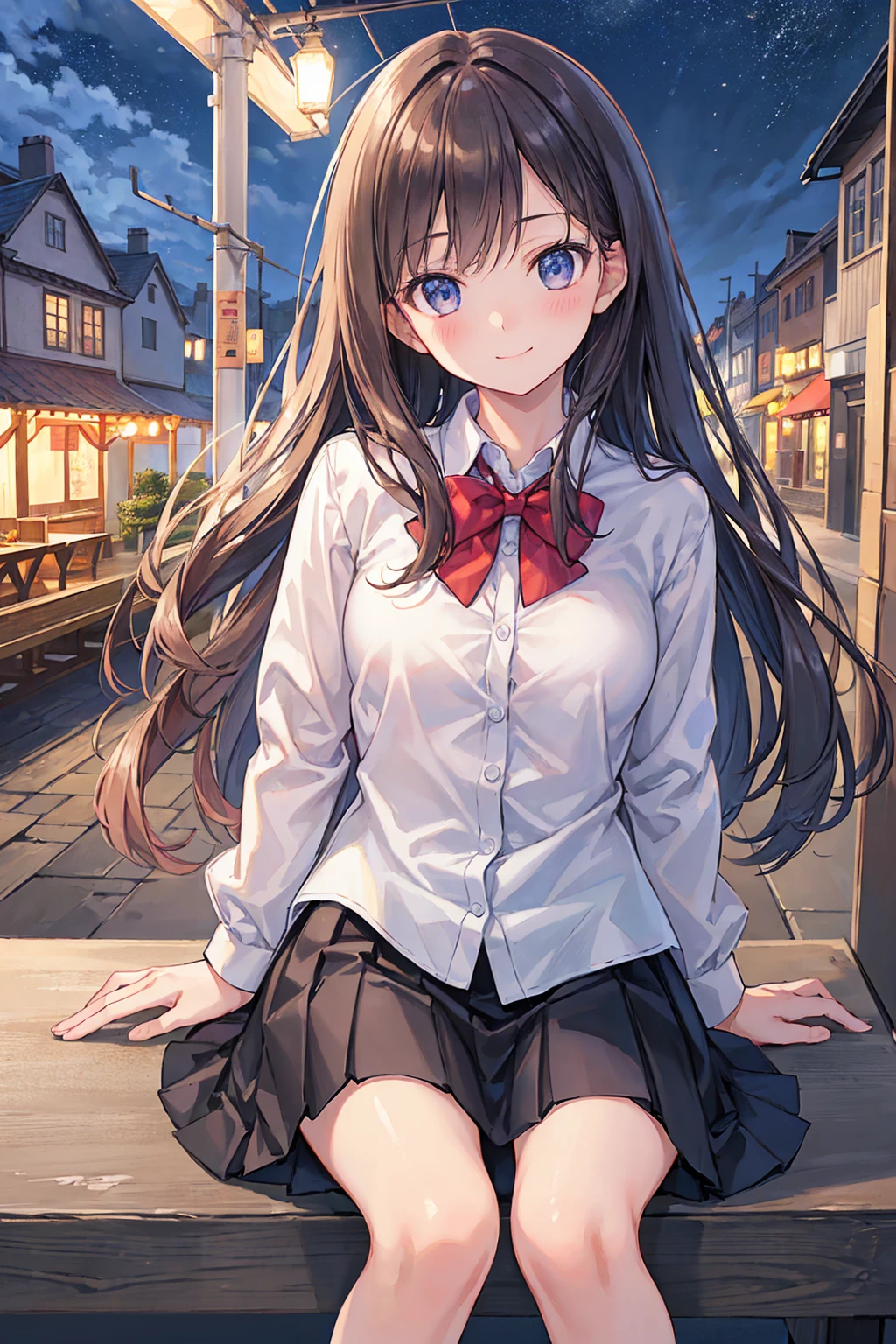 (8k, RAW Photos, Highest quality, masterpiece:1.2), (Realistic, photo-Realistic:1.37), Very detailed,
1 person,cute, alone,Beautifully detailed skies,Detailed Cafe,night,Sitting,The whole body is visible,Date,smile, blush,Embarrassing,Professional Lighting, Sony A7R4, Zesse 50mm f1.8,
Small breasts,Flat chest,Beautiful attention to detail,(Collared shirt:1.1), bow tie,Pleated skirt,