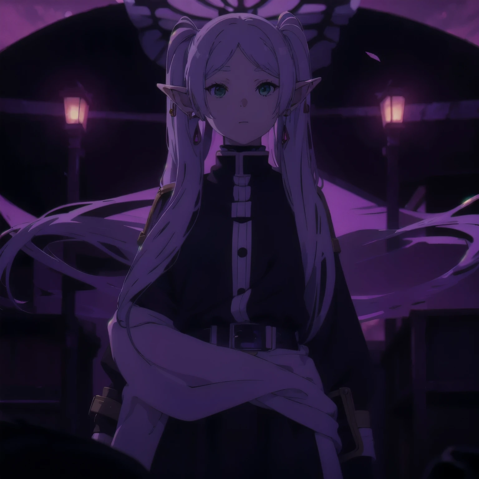 1girl, Frieren, (masterpiece:1.3), completely in the frame, sexy, (high resolution), (extremely detailed),perfect face, nice eyes and face, (best quality), (super detailed), detailed face and eyes, (solo), textured skin, absurdres, highres, wz_sousou_no_frieren_style, wz_sousou_no_frieren_style, twintails, very long hair, silver hair, pointy ears, elf, green eyes, earrings, belt, white sleeves, pov, selfie, butterfly, grass, stone street