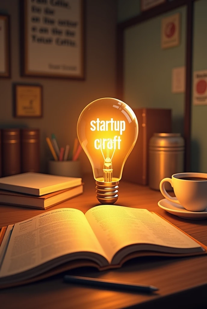 "A friendly, welcoming scene with an open notebook, a glowing light bulb symbolizing ideas and written word "startup craft" is come out from bulb in from of heat raise, and a stack of business documents. The setting is an organized workspace with a coffee cup and motivational quotes on the wall. The colors are warm and inviting, emphasizing creativity and business planning."