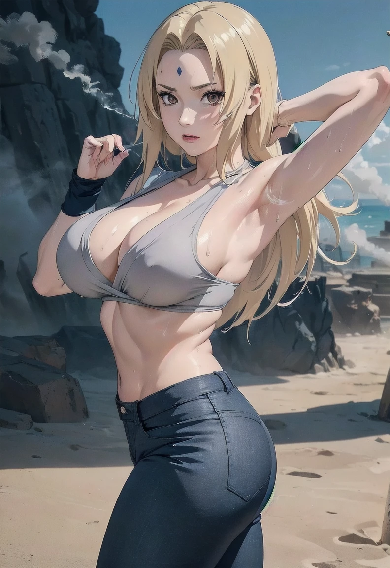 (masterpiece, highest quality:1.2), alone, One Girl, Tsunade Defense, Forehead mark, View your audience、((Battle Scenes、Showing her ass、Sweat、sand smoke、Rocky area、wood、Navy blue pants、No sleeve、Torn clothes、Large areola、chest))、Beautiful girl with beautiful details, Professional photography illumination, Highly detailed eyes and face, Beautiful eyes in every detail、Beautiful detailed hair, Beautiful and exquisite cold face、アニメ、((No sleeve、Armpit))