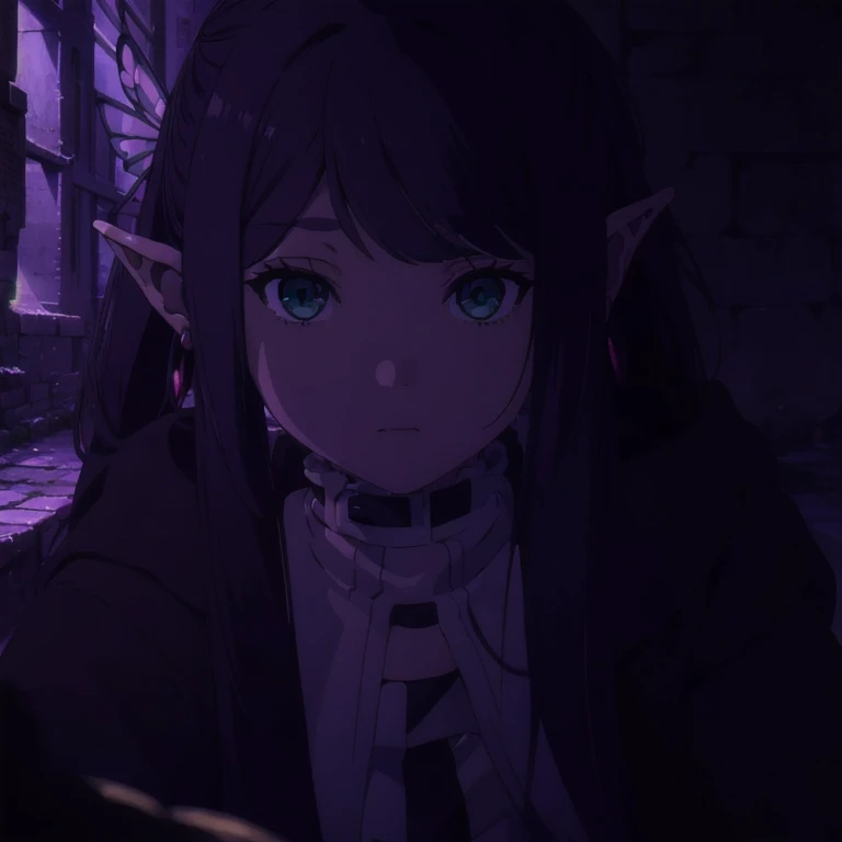 1girl, Frieren, (masterpiece:1.3), naked, completely in the frame, sexy, (high resolution), (extremely detailed),perfect face, nice eyes and face, (best quality), (super detailed), detailed face and eyes, (solo), textured skin, absurdres, highres, wz_sousou_no_frieren_style, wz_sousou_no_frieren_style, twintails, very long hair, silver hair, pointy ears, elf, green eyes, earrings, belt, white sleeves, pov, selfie, butterfly, grass, stone street
