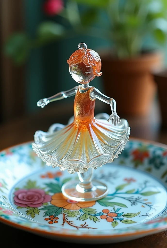 A delicate miniature boy-lite figure, fashioned from colorful glass, twirling on an intricately paint porcelain plate
