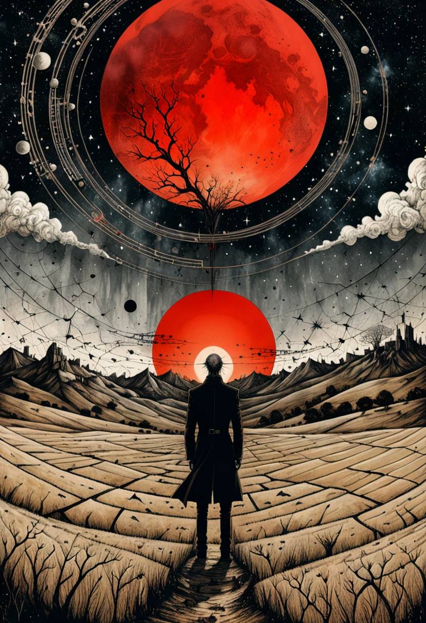 in style of Santiago Caruso,Linear delusion, Collage art：A man standing in a field，Behind me is a huge red sun，Fantasy Art, galaxy,illustration, Vector