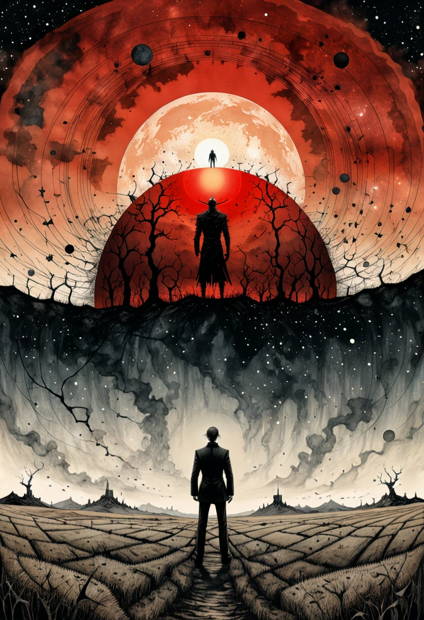 in style of Santiago Caruso,Linear delusion, Collage art:A man standing in a field,Behind me is a huge red sun,Fantasy Art, galaxy,illustration, Vector