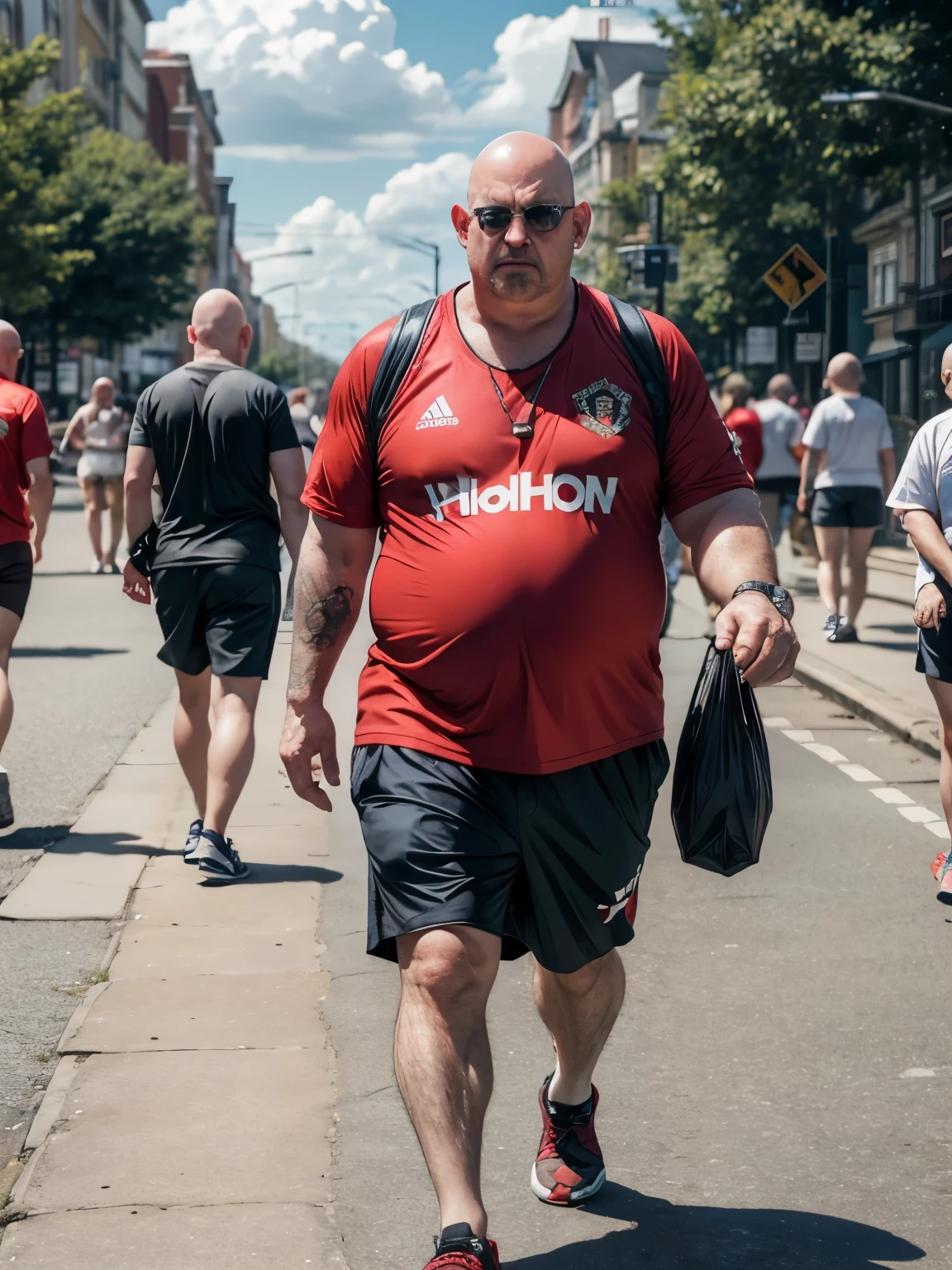 Typical British holiday-maker, esplanade, fat belly, middle-aged, bald and sweating, wraparound sunglasses, scowling at viewer, miserable looking, fat neck, wearing baggy Leeds United football shirt and long baggy shorts, badly sunburnt head