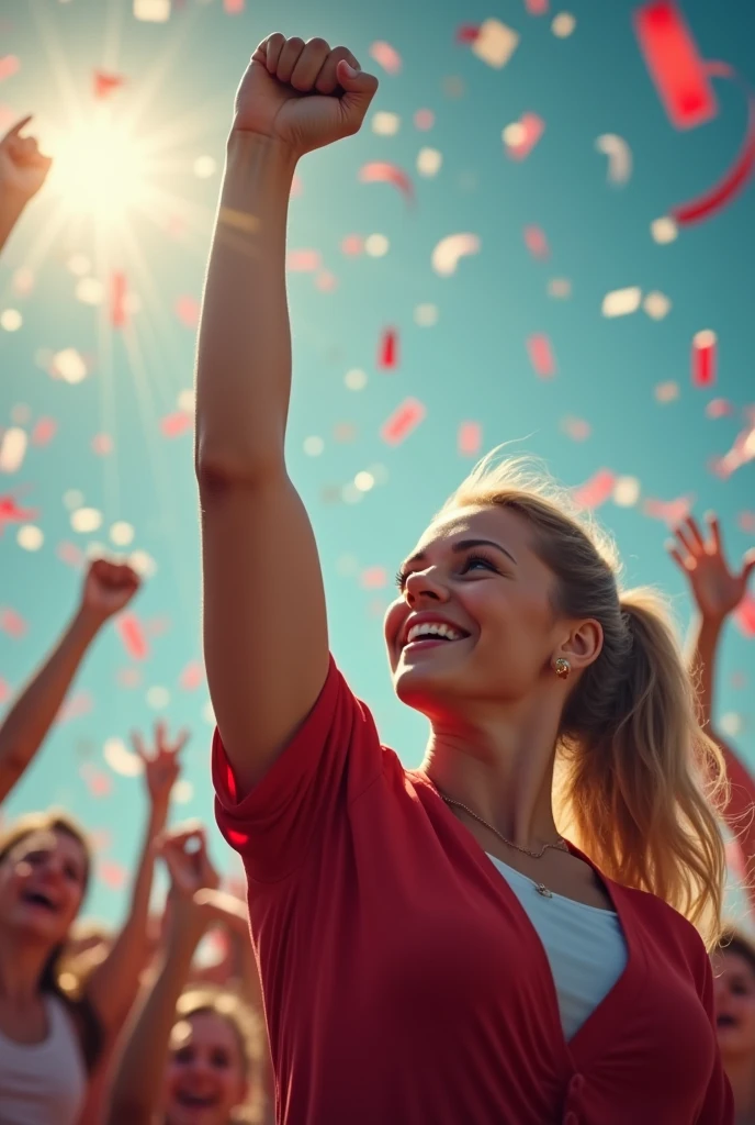 Create a close-up image of a raised female arm, with a celebration and victory background