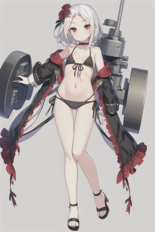 Vittorio_Veneto \(warship girls r\),((masterpiece)),(((best quality))),((ultra-detailed)),((illustration)),((disheveled hair)),((frills)),(1 girl),(solo),1girl, anchor, ass visible through thighs, bangs, bare legs, bare shoulders, bikini, black bikini, black flower, black footwear, black ribbon, black rose, blush, breasts, cannon, chain, collarbone, crossed legs, cuffs, flat chest, flower, full body, gradient, hair flower, hair ornament, halterneck, looking at viewer, machinery, navel, red eyes, red flower, red rose, ribbon, rose, sandals, sarong, see-through, shackles, short hair, side-tie bikini, small breasts, solo, standing, swimsuit, thigh gap, turret, white hair, white rose