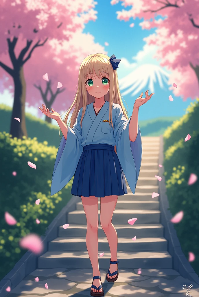 (((masterpiece: 1,5, best quality, high resolution, Super Resolution, Extremely detailed: 1,2, Rich background: 1,4))), (close up), (1 Girl), Solitary, Green Eyes, blonde long hair tied with blue Ribbon, Hair accessories, Bangs, Smile, High school girl, Medium breasts, ((Hands in the air)), Japanese clothes, (Blue short kimono), sandals, Ribbon, Heart, ((outdoor)), Cherry blossoms, (The Conservatives are ready), Stone steps, Sky (afternoon), Cherry blossomss fall, ((Dramatic lighting: 1,3)), cloudy, (The scenery behind Mount Fuji)