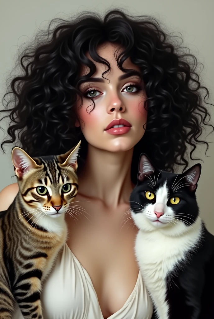 Create a drawing of a white woman with black curly hair and one with black curly hair with a striped cat and another black and white cat