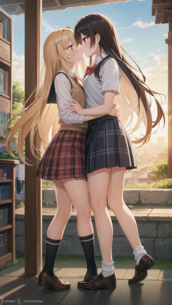 masterpiece, Highest quality, High resolution, break , Fiami, Yami-ish,  Long Hair,hair ornaments, Hair between the eyes, Blonde, very Long Hair,Red eyes,
  school uniform,Thigh straps, Sweater vest, Plaid skirt, Plaid, socks, pleated skirt, skirt,
/=Yaminor,Etching Sleeve, Black Dress=/
break
,
, break ,The kiss is coming,Ancient station platform midnight, , Rays of light at dusk, Jacob&#39;s Ladder Theme, , super close up shot, Reclining,look up, clavicle,