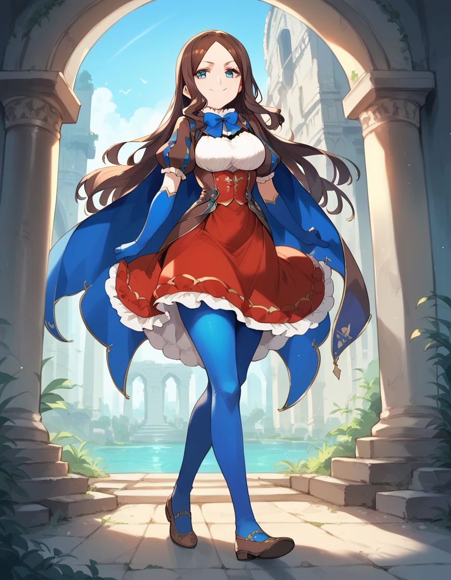 (((masterpiece, ultra-detailed))), nsfw, dress, white shirt, puffy sleeves, short sleeves, red skirt, cape, blue pantyhose, elbow gloves, shoes, standing,1Girl ,blue eyes, long hair, brown hair, forehead, sidelocks, Young Adult, big butt, big breasts, small waist, SMUG, ruins
