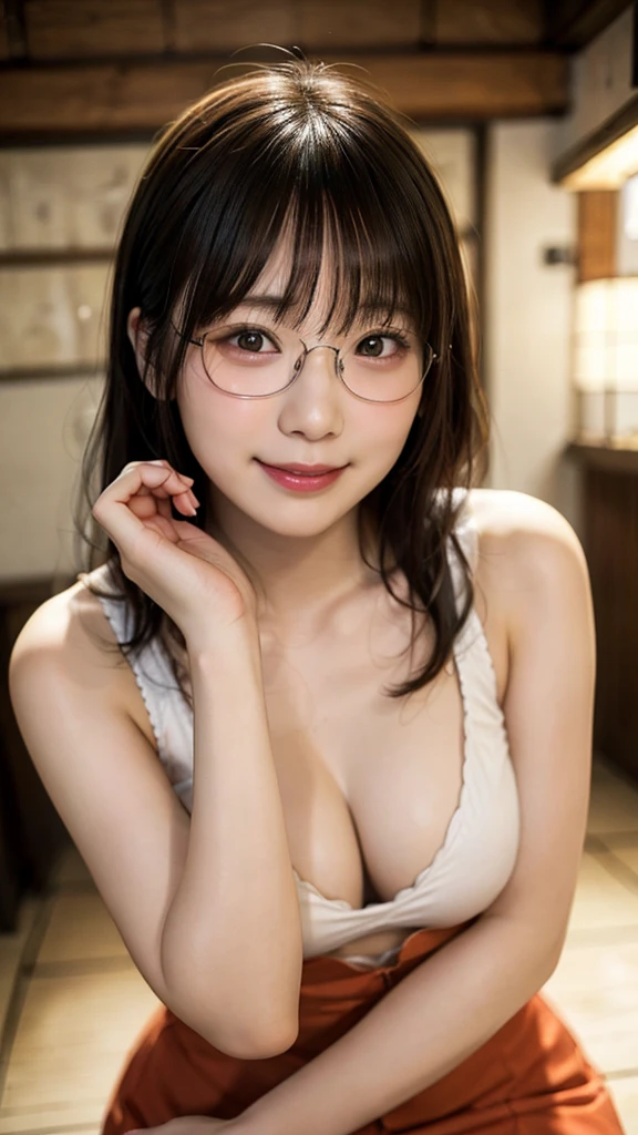 8k、Raw photo、lovey-dovey、(izakaya)、Sleepy sleepy sleepy、highball、Shameless、masterpiece、Realistic、Full body girl portrait、Beautiful Face、Your smile is cute、Sharp focus、young woman、20th Generation、8K Post-Production、High resolution、Very detailedな、Intricate details、Very detailed、Pure Form、8k resolution、The head is round and beautiful、Small Nose、Wear glasses、Big and ample breasts