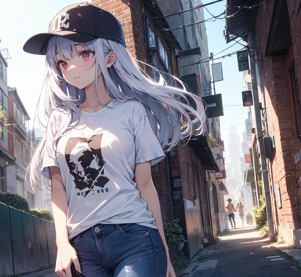 (Close-up:1.3),Realistic,Highest quality, Super detailed, High-quality CG rendering, The most delicate and beautiful, Floating softly, High resolution, (1 person), (Highest quality,4K,8k,masterpiece:1.2), Light purple hair,(Long Hair:1.5),Red eyes,(Black short sleeve T-shirt:1.3),(Pure white skinny jeans:1.3),(Pure white baseball cap:1.3),In the city,old buildings,Narrow Alley