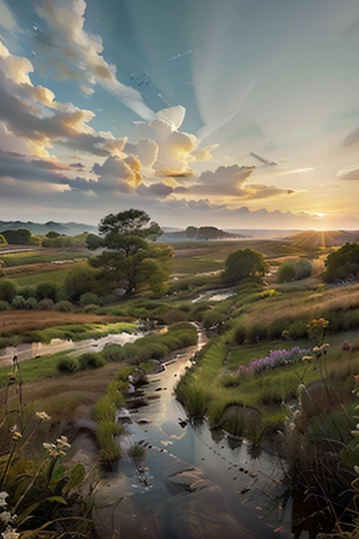 "Create an image of a serene sunrise in the east, symbolizing the beginning of the day, with soft, warm light spreading across the landscape."