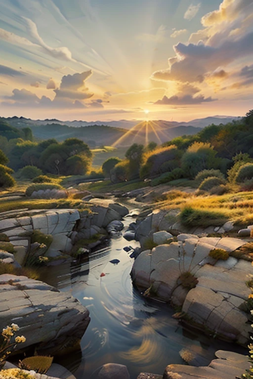 "Create an image of a serene sunrise in the east, symbolizing the beginning of the day, with soft, warm light spreading across the landscape."