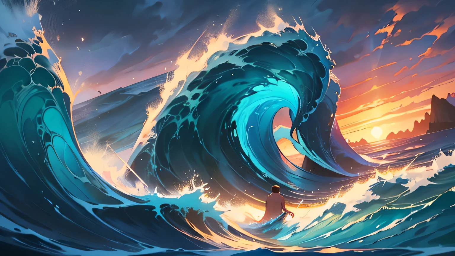 painting of a sunset over a large body of water with waves, Ondas ???, psychedelic waves, cena surreal, artistic illustration, detailed dream landscape, ocean, beeple e james jean, dan mumford and albert bierstadt, Victo-Me and Tristan Eaton, clouds and waves, chaotic sea scene, Hoyte van Hoytema, swirling scene