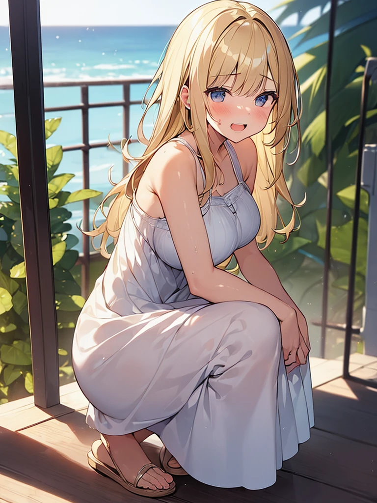 (Masterpiece, Top quality:1.5), nsfw, from side:1.2, (1 beautiful girl, solo:1.2), squatting down, (Blonde:1.3), medium Hair, wavy Hair, asymmetry bangs, swept bangs, airy hair, large breasts:1.2, 14 year old, (sundress:1.3), smile:1.3, blush, beautiful scene of seaside, magnificent panorama view, blurry background ,open mouth, wet