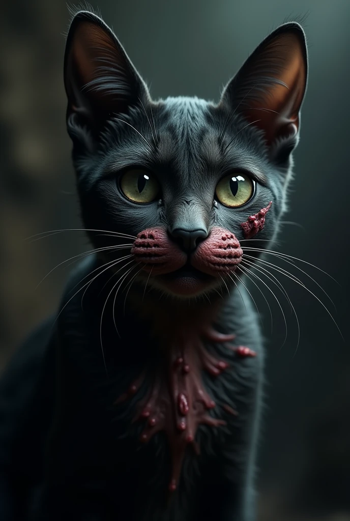 Haute qualité chat noir vraiment moche avec des boutons sur le visage , pas beau , répugnant , ugly , ultra realiste arriere plan espace