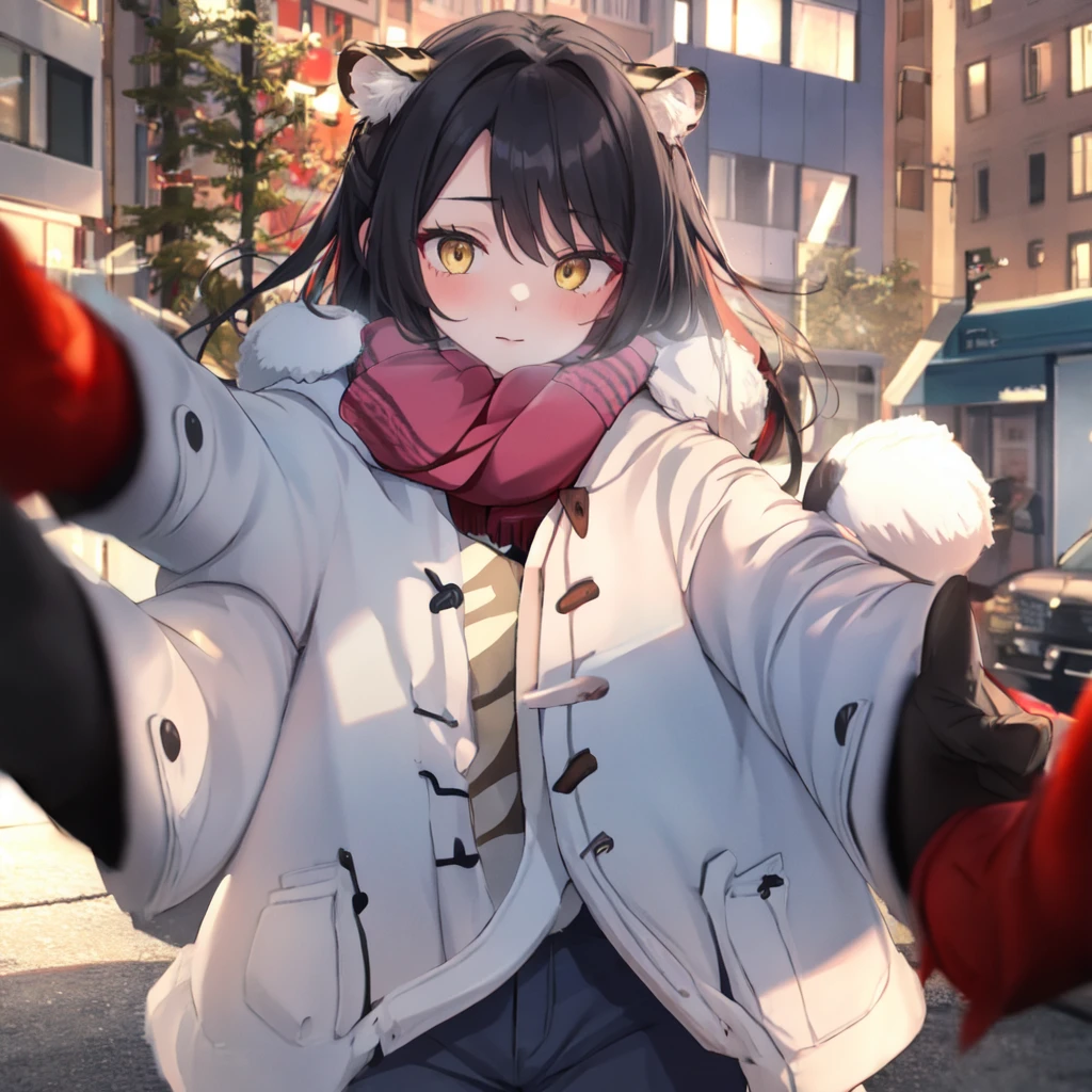 (pov cheek warming:1.2),solo,looking at viewer,1girl, black hair, yellow eyes, tiger girl,open jacket,cloudy day,mount,winter night, street, scarf,