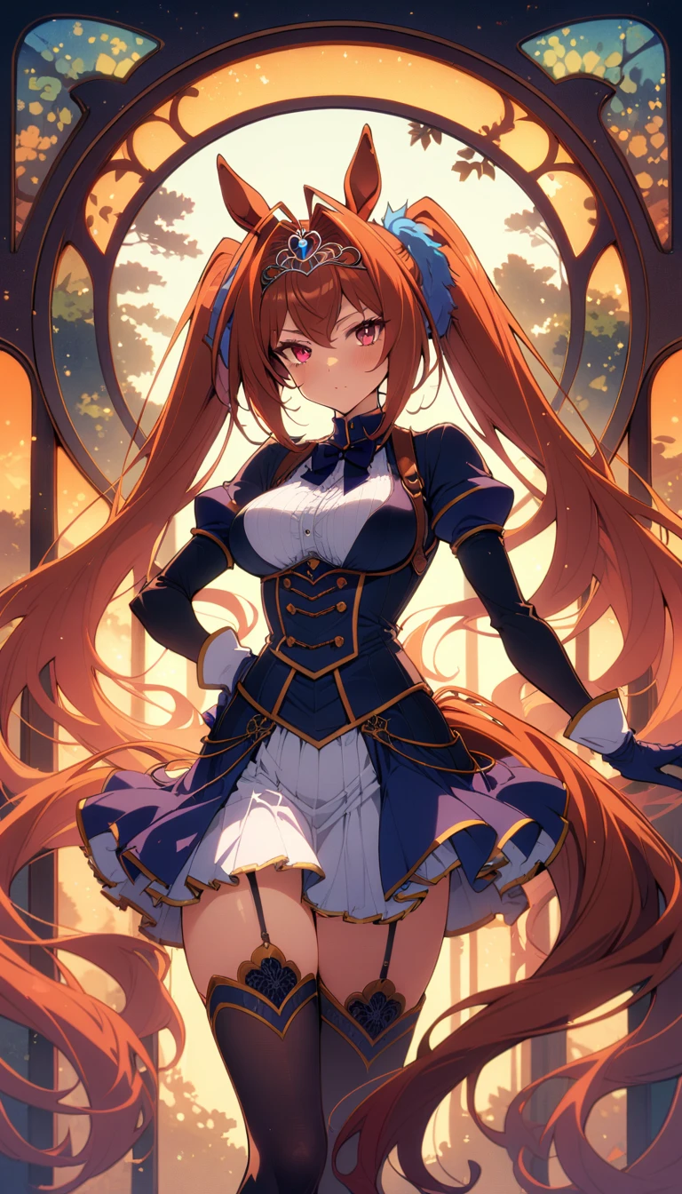 ((best quality)) , ((masterpiece)) , (detailed),daiwa scarlet (umamusume), umamusume, 1girl, solo, long hair, looking at viewer, brown hair, red eyes, thighhighs, gloves, animal ears, twintails, very long hair, tail, outdoors, sky, hair intakes, horse ears, tiara, horse girl, horse tail，(((art nouveau style ， decorative, curvilinear forms, nature-inspired, detailed)))