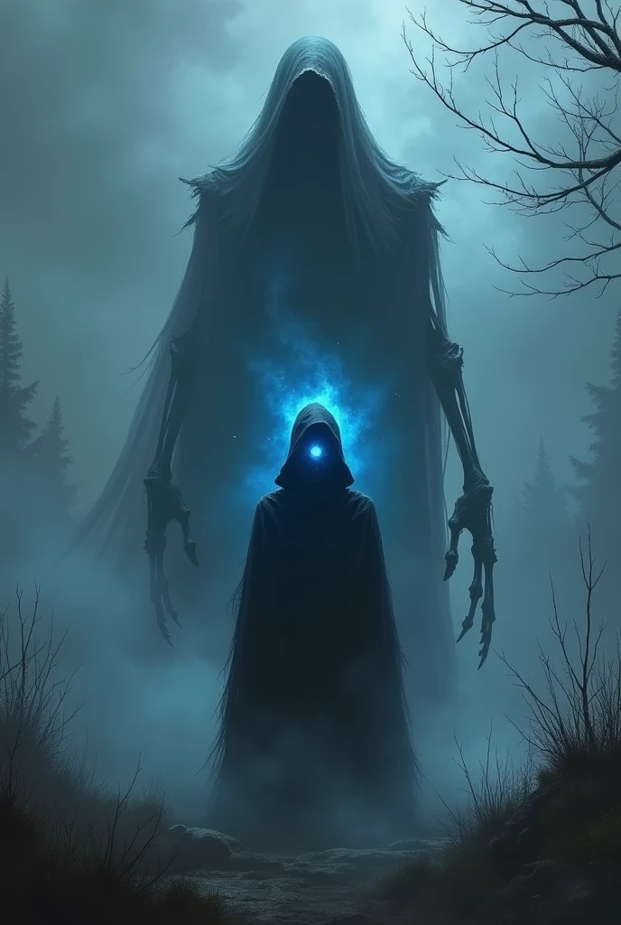 A shadow boy with blue flashing eye with a giant death reaper standing behind