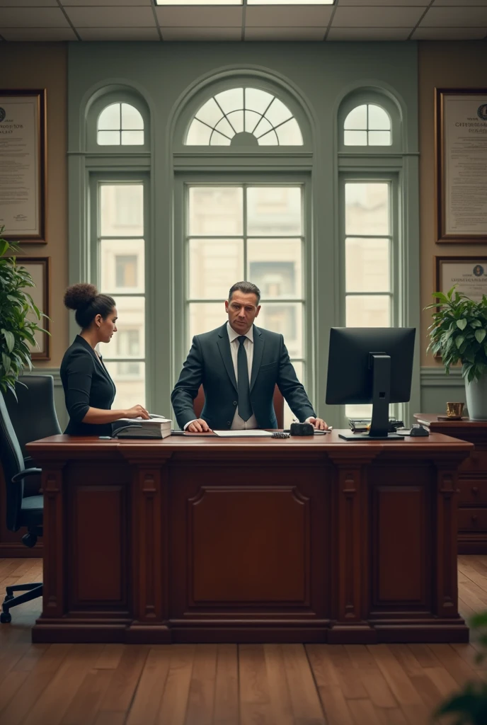 An office where there is a desk, head of employees and an administrative assistant