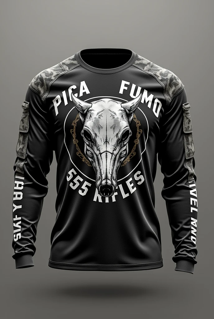 CREATE A LONG SLEEVE MILITARY TEMPLATE SHIRT WITH A BOAR SKULL LOGO WITH 556 RIFLES WRITTEN ON IT "PICA FUMO TEAM "





