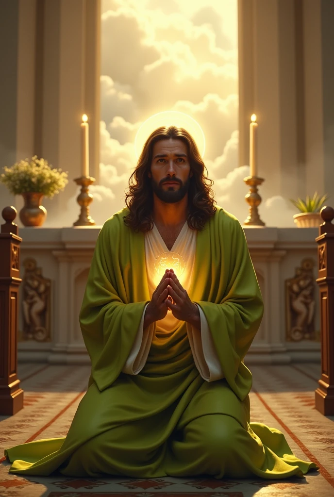 (photorealism:1.2), Crying handsomeJesus Christ, kneel praying under the altar of the priest that full of clouds and sorrounded of many candles, wearing lime king clothes with light in his head and heart spreading all over, perfect five finger, long beautiful hair, indoors, high lighting, clouds in background, beautiful light, perfect church and clouds, relaxed pose, realistic, intricate details, warm colors,