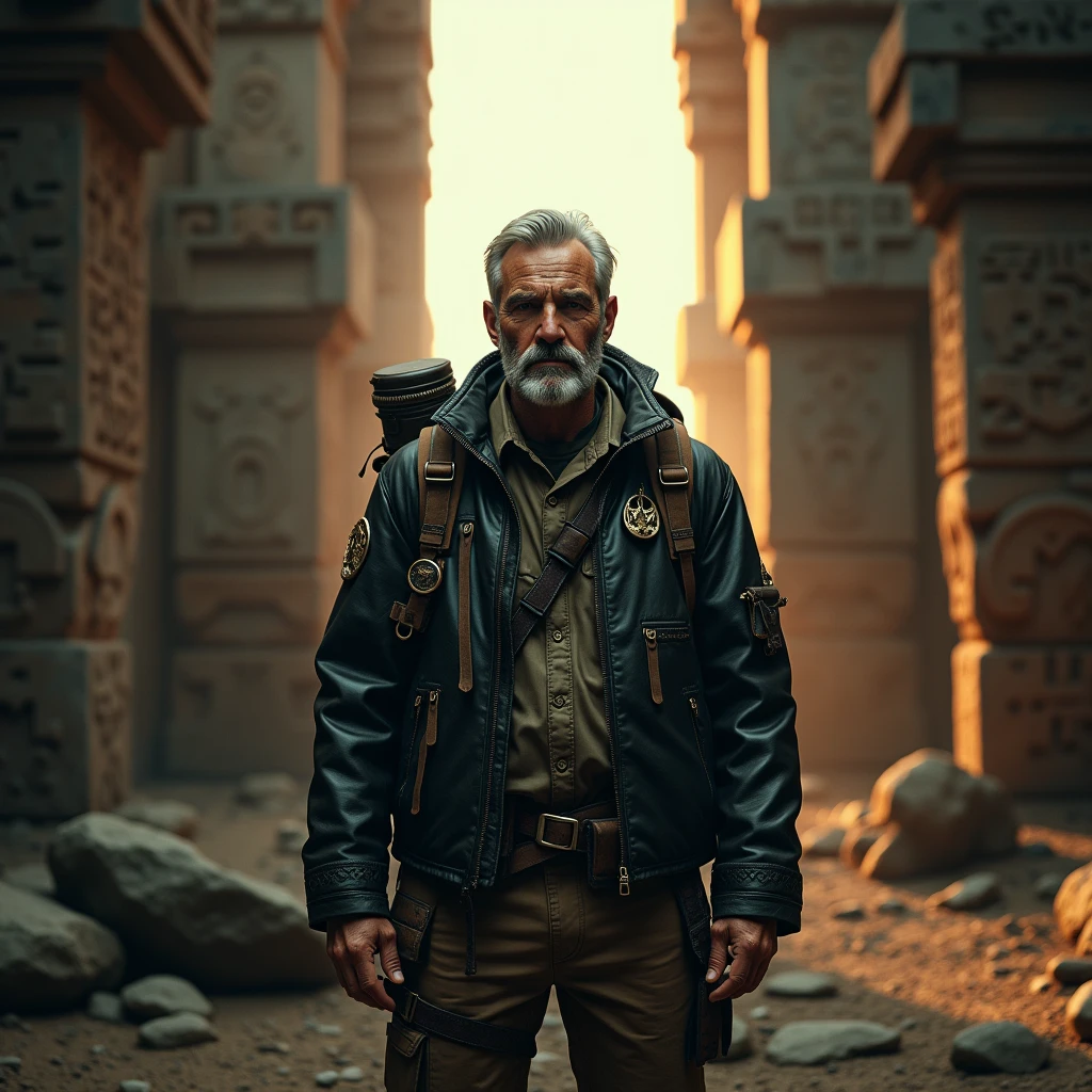 (Black Leather Jacket), In front of the ancient ruins, an explorer is preparing to enter unknown territory. He was wearing a black leather jacket adorned with various exploration equipment and symbols, hinting at his rich experiences. The background is the ancient civilization's stone walls and mysterious symbols, with sunlight shining through the opening above, illuminating his figure and adding a touch of mystery and adventure. Beautiful cinematic lighting, surreal, RAW photo, color graded, dynamic movement, (captivating chiaroscuro:0.1), full body, award-winning, cinematic still, emotional, vignette, dynamic, vivid, (masterpiece, best quality, photorealistic, Professional, perfect composition, very aesthetic, absurdres, ultra-detailed, intricate details:1.3)