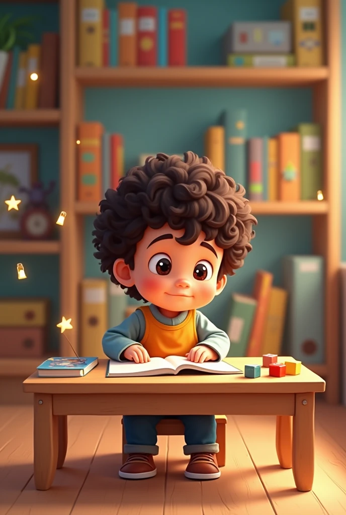 Create an animated image showing a three-year-old boy with dark brown curly hair while he is studying or doing homework.


