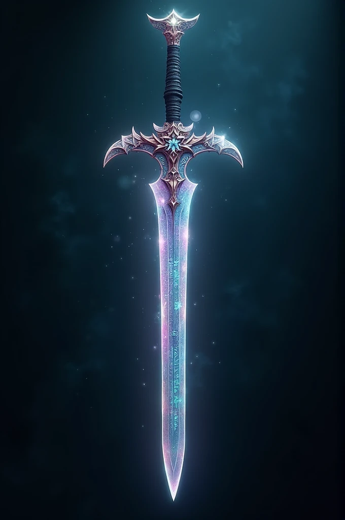 a **Ether Blade** it is an iridescent and translucent sword, with a thin, slightly curved blade, engraved with glowing runes. Its handle wrapped in dragon leather and decorated with star silver emits a soft glow., while the guard displays intricate details. Exudes an aura of ancient power, slightly distorting the reality around you.
