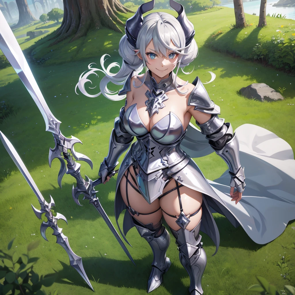 anime girl with sword and armor in a fantasy setting, armor girl, detailed key anime art, covered in full silver armor, high detailed official artwork, with sleek silver armor, cushart krenz key art feminine, sliver ice color reflected armor, from arknights, full portrait of magical knight, trending on artstation pixiv, silver armor, glossy white armor , horn shor hair, bikini , on green grass , near lake in the middle of jungle , smile, looking down , breast , evil smile , holding slave chain , standing , steping on slave ,