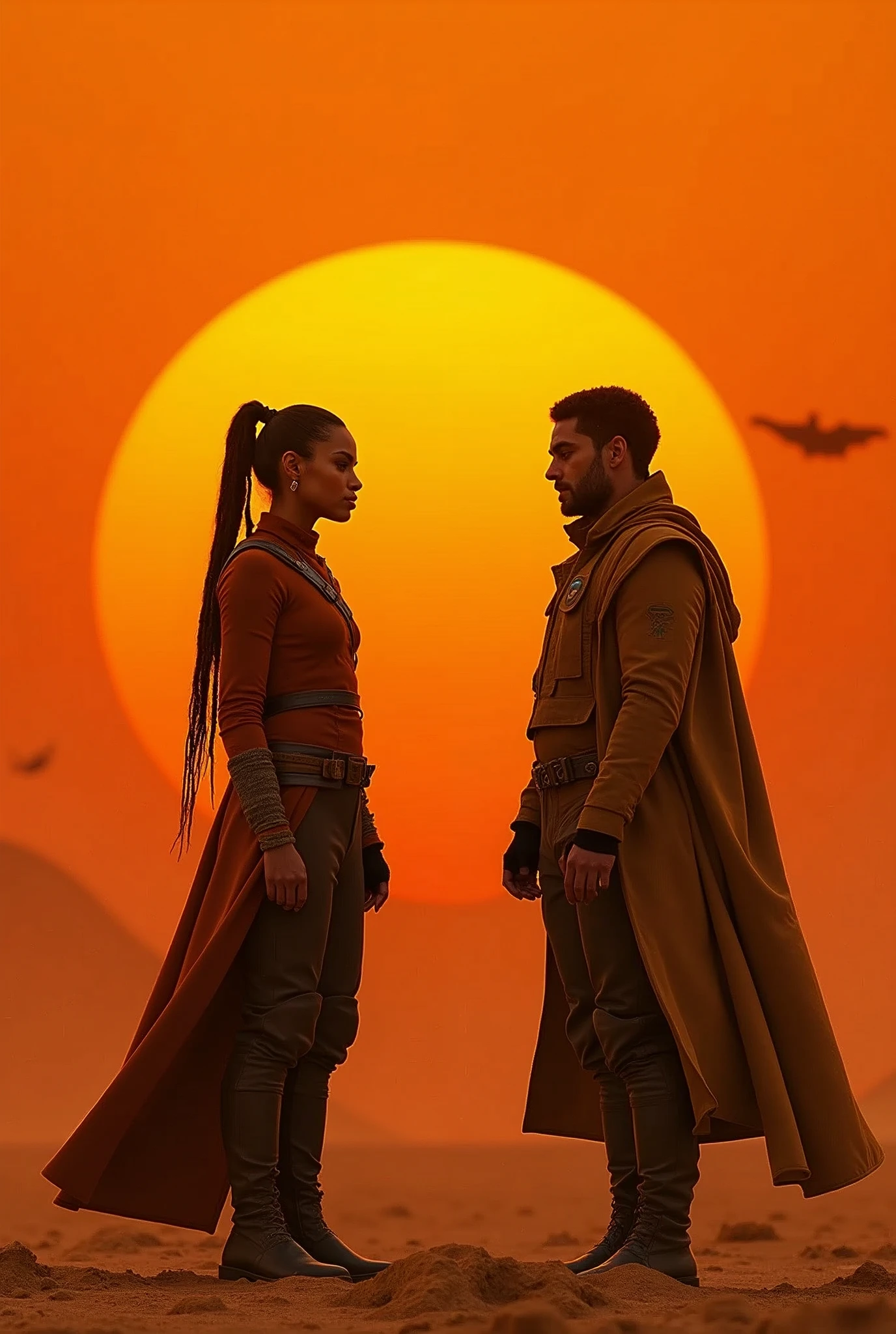(photorealism:1.2), Zendaya and Timothée Chalamet jackets standing in front of a bright orange background, scene from film Dune 2, arrakis, warrior, giant worm,