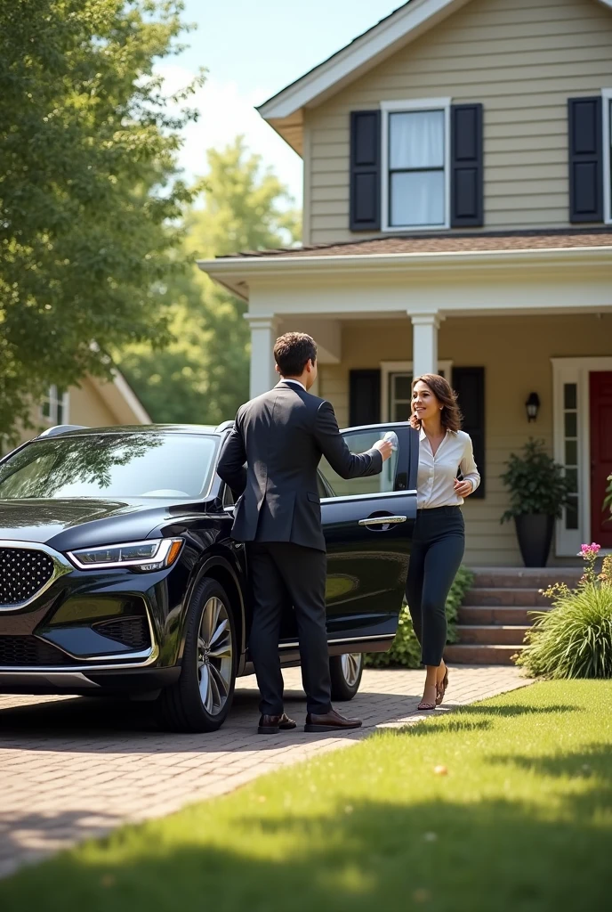 A person getting out of a car and entering a house, with a guy at the door saying welcome