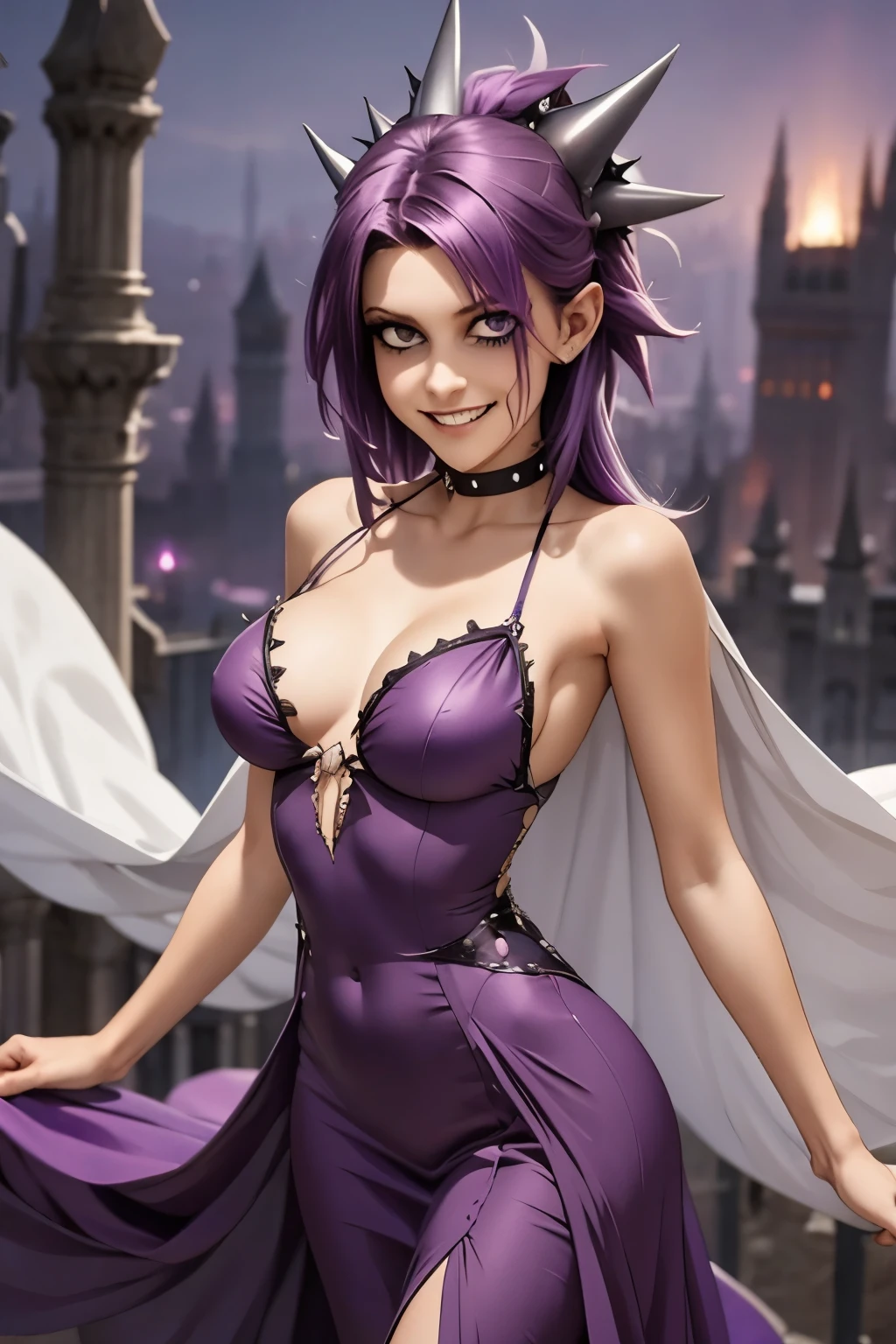 Ghost, (monster girl), purple skin, spikes, spiky purple hair, a fanged grin, floating hands, dressed in a dark-purple dress, floating in midair, masterpiece, best quality