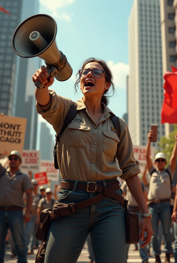 In the middle of the city, a female worker shouts at a company that is on strike.