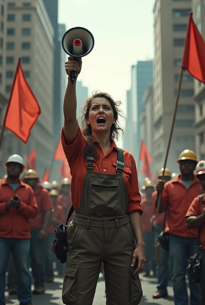 In the middle of the city, a female worker shouts at a company that is on strike.