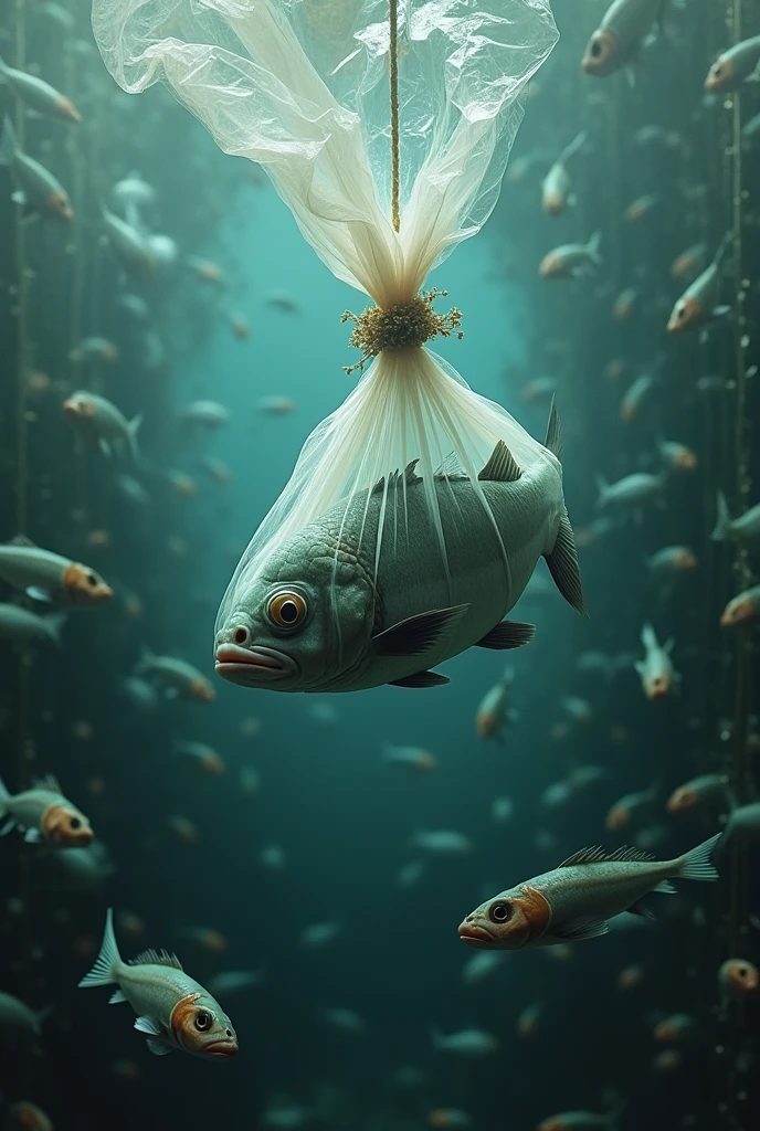 an image in which a fish is being suffocated by a bag and around dead fish more metaphorical and with more plastic around DO NOT DO IT WRAPPED IN A BAG but being hanged