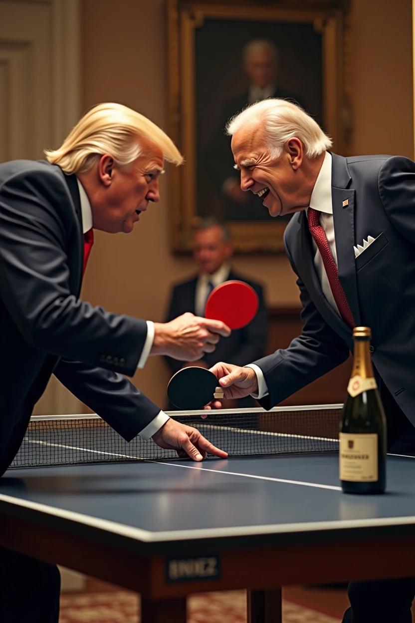 a dynamic and realistic photo of president Trump playing table tennis with president Biden, Biden wins with 2 bottles of Champagne on the table, extremely detailed, highly photorealistic, beautiful realistic lighting, cinematic composition, detailed facial features, intricate textures, vivid colors, seamless blending, masterpiece