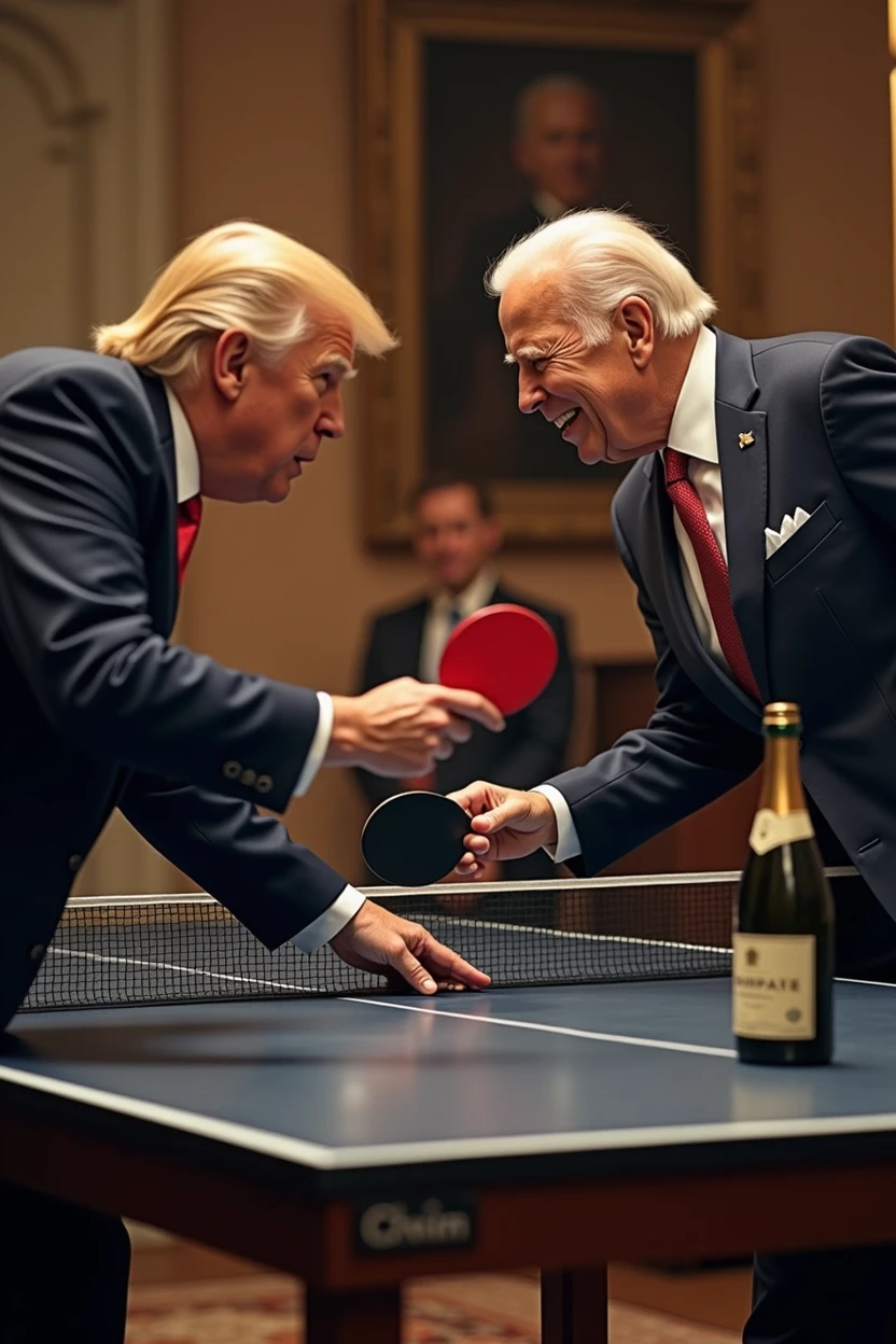 a dynamic and realistic photo of president Trump playing table tennis with president Biden, Biden wins with 2 bottles of Champagne on the table, extremely detailed, highly photorealistic, beautiful realistic lighting, cinematic composition, detailed facial features, intricate textures, vivid colors, seamless blending, masterpiece