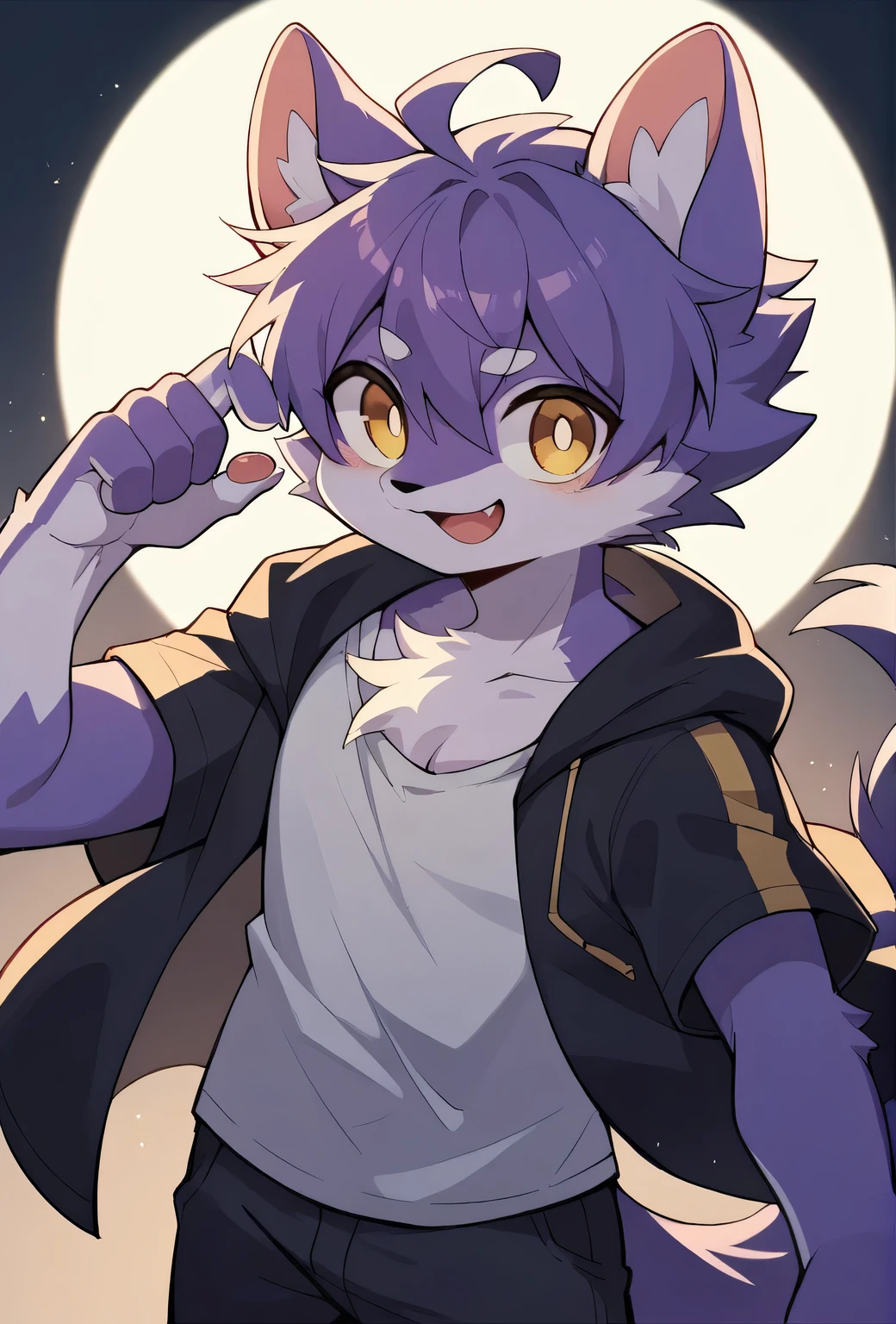 hairy, Purple fur, Super cute face, Purple elements on fur,Yellow eyes, Beautiful lighting and shadows, Ambient Light, Extremely fine fur, wearing clothes,Volumetric Light,Separate one!!!,avatar,male!!!,Draw only the head,Solo!!!!,male!!!,male!!!,male!!