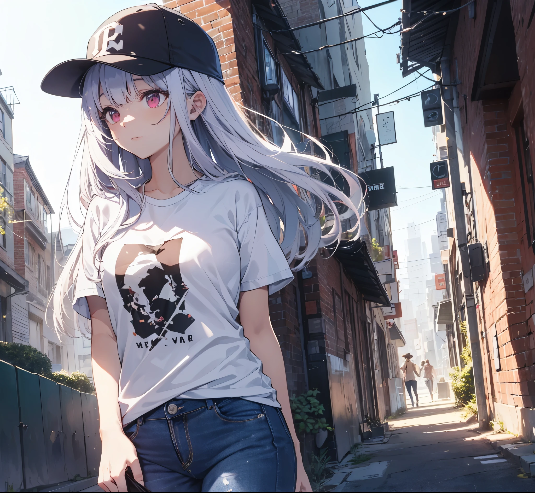 (Close-up:1.3),Realistic,Highest quality, Super detailed, High-quality CG rendering, The most delicate and beautiful, Floating softly, High resolution, (1 person), (Highest quality,4K,8k,masterpiece:1.2), Light purple hair,(Long Hair:1.5),Red eyes,(Black short sleeve T-shirt:1.3),(Pure white skinny jeans:1.3),(Pure white baseball cap:1.3),In the city,old buildings,Narrow Alley