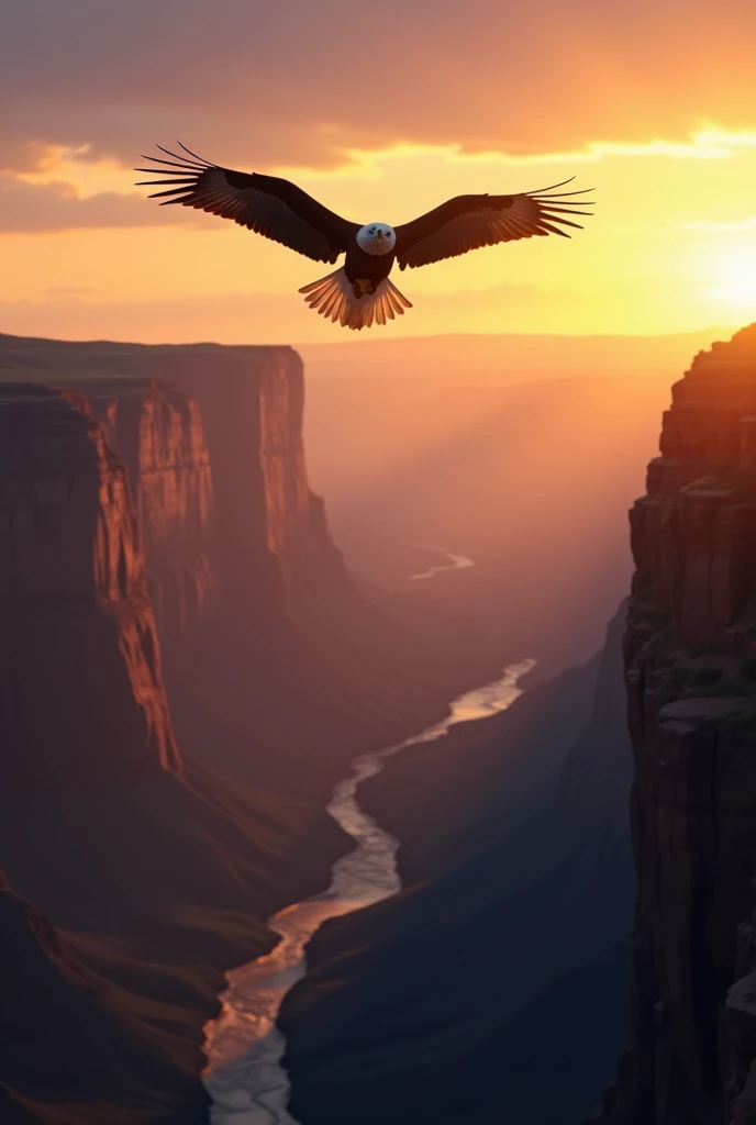 A bald eagle is soaring high above a deep canyon at sunrise, award winning National Geographic photograph


