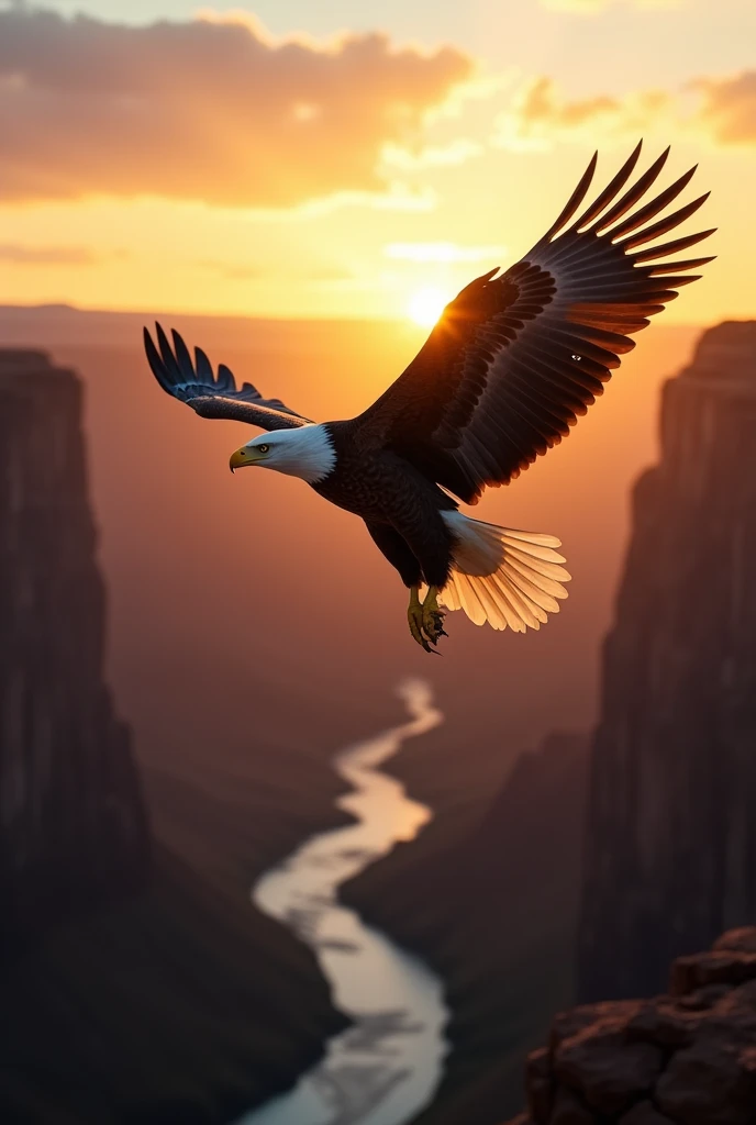 A bald eagle is soaring high above a deep canyon at sunrise, award winning National Geographic photograph